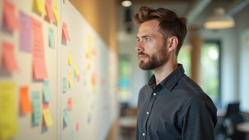 Kreative Person brainstormt mit bunten Notizzetteln an einer Pinnwand