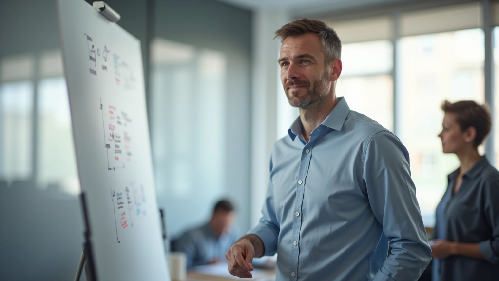 Moderator leitet Workshop mit mehreren Personen an, die zusammen an Lösungen arbeiten, kreative Atmosphäre