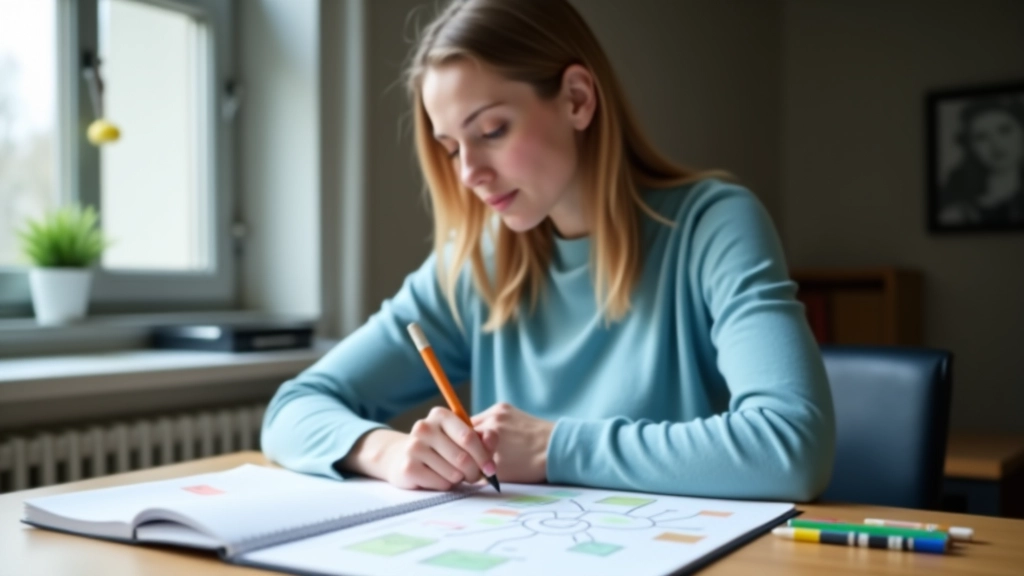 Person sitzt am Schreibtisch mit Notizbuch und Stiften, Mind Map wird skizziert